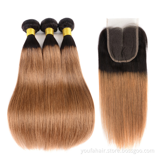 100% Cambodian Human Hair 1b/30 Ombre Color Bundles with Closure Cuticle Aligned Virgin Hair Weave Extension Straight Bundles